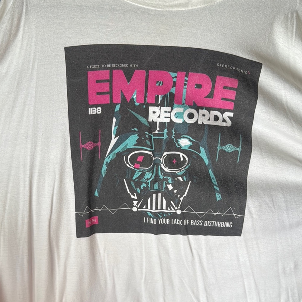 Gently Used Amazon Darth Vader: Empire Records White Tee w/Pink & Blue Print